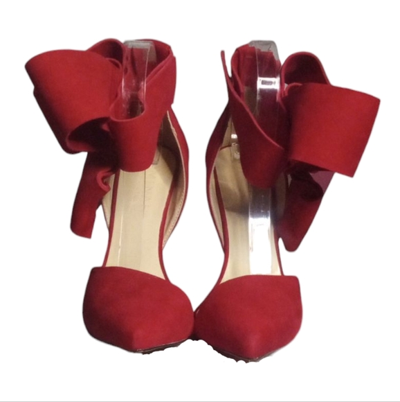 Vibrant Red Satin Bow Heels - Picture 2 of 9